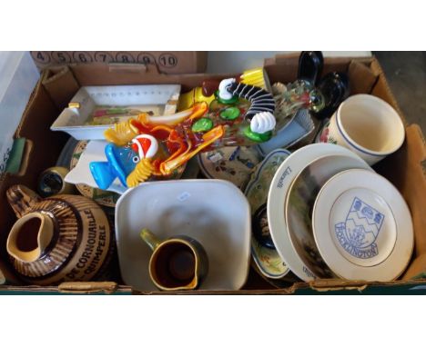 Box of assorted china and glass to include: Quimper pottery jug, large Murano clown and other items.   (B.P. 21% + VAT) 