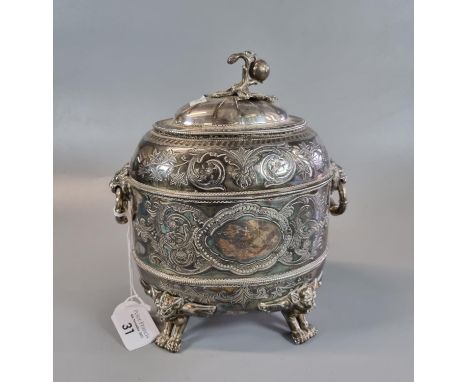 Late 19th century silver plated oval section tea caddy with hinged cover, lion mask loop handles and winged animal feet.  20c