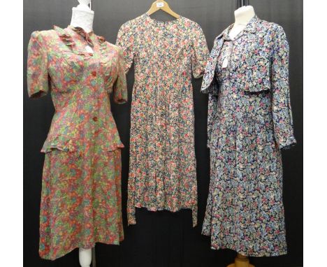 Three vintage floral print 1940's tea dresses: one crepe with ruching, one cotton long sleeved with matching waistcoat and on