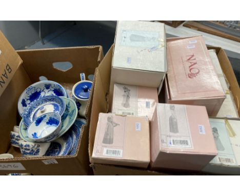 Two boxes of china to include: blue and white 'willow' pattern plates, bowls, teacup, teapot etc, a small Delft vase, rice bo