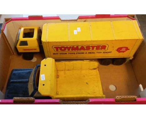 Group of four tinplate Tonka toys and similar, including: Bulldozer, Tractor, Articulated Truck and Tipper Truck. (4)    (B.P