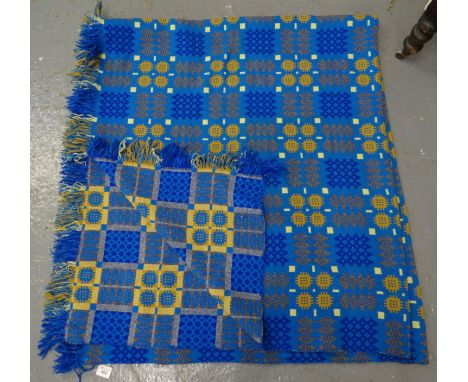 Vintage blue ground woollen Welsh tapestry blanket with traditional Caernarfon design and fringed edge. (B.P. 21% + VAT) 
