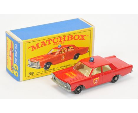 Matchbox Regular Wheels 59c Ford Galaxie Fire Chief Car - hood & door labels, blue roof light, ivory interior, bare metal "No