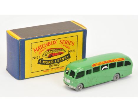 Matchbox Regular Wheels 21b Bedford Duple Luxury Coach - light green body with silver trim, matt black base, metal wheels wit