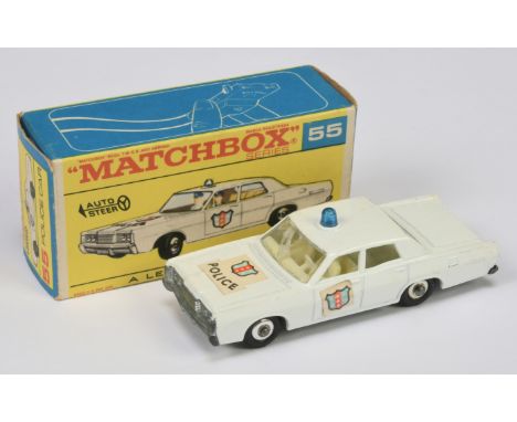 Matchbox Regular Wheels 55d Mercury Park Lane Police Car - white body with hood & door labels, blue roof light, ivory interio
