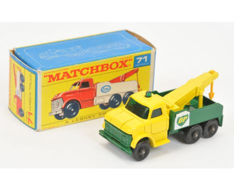 Matchbox Regular Wheels 71c Ford Heavy Wreck Truck - Code 3 - Yellow cab & jib with yellow plastic hook, dark green windows &