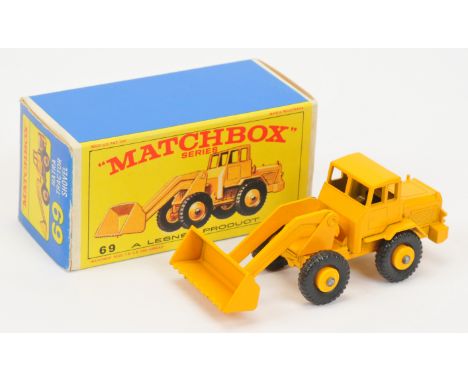 Matchbox Regular Wheels 69b Hatra Tractor Shovel  - yellow body & shovel with brace, type B base with hole over rear axle, ye