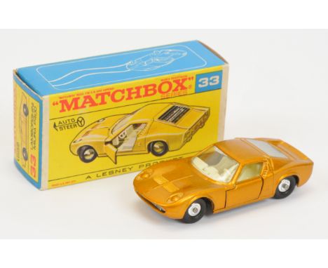 Matchbox Regular Wheels 33c Lamborghini Miura - dark metallic gold body, frosted engine cover, ivory interior, bare metal bas