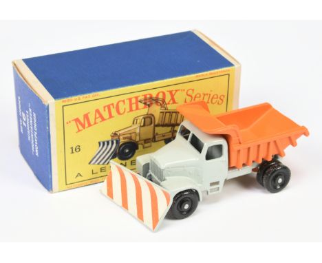 Matchbox Regular Wheels 16c Scammell Snow Plough - light grey cab &amp; chassis with cast open cab steps, matt orange tipper 