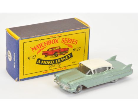 Matchbox Regular Wheels 27c Cadillac Sixty Special - metallic light green body with Arrow cast under bonnet, with split rear 