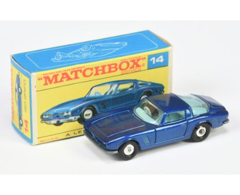 Matchbox Regular Wheels 14d Iso Grifo - metallic dark blue body, clear windows, light blue interior, type C bare metal base, 
