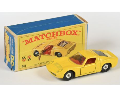 Matchbox Regular Wheels 33c Lamborghini Miura - yellow body, clear windows, red interior, Frosted Engine Cover, bare metal ba