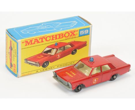 Matchbox Regular Wheels 59c Ford Galaxie Fire Chief Car - red body with hood & door decals, blue roof light, clear windows, i