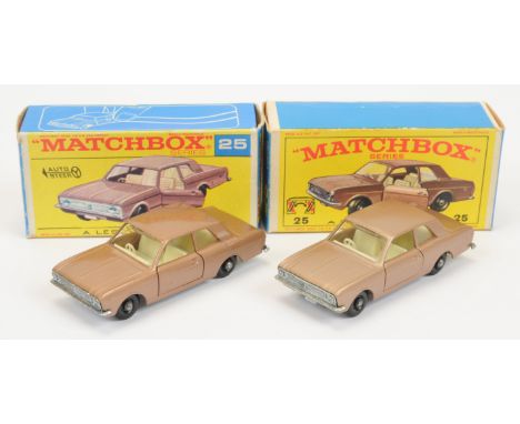 Matchbox Regular Wheels .25d Ford Cortina pair (1) metallic light brown body (satin finish), ivory interior, glazing unit wit