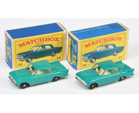 Matchbox Regular Wheels 33b Ford Zephyr 6 pair (1) unlisted - turquoise body with split rear silver trim, with rear rivet pos