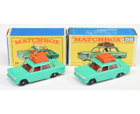 Matchbox Regular Wheels 2 x 56b Fiat 1500 Saloon - both are sea green body, clear windows, red interior with front extensions