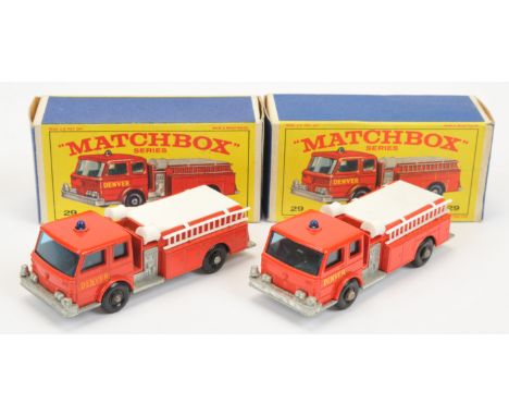 Matchbox Regular Wheels 29c American La France Fire Pumper Truck "Denver" Pair (1) red body with light yellow door decals, bl