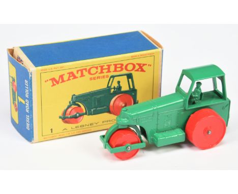 Matchbox Regular Wheels 1d Aveling Barford Diesel Road Roller - green body, type C riveted base with hole, red plastic roller