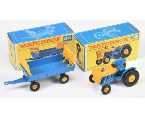 Matchbox Regular Wheels 39c Ford Tractor and  No.40c Farm Hay Trailer combo (1) - dark blue engine & chassis with 5mm tall ex