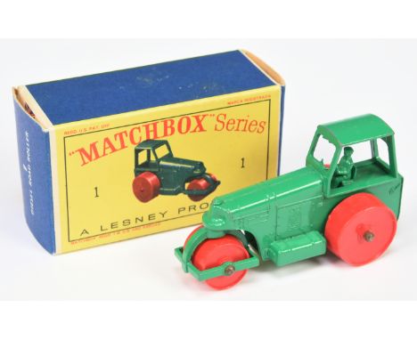 Matchbox Regular Wheels No.1d Aveling Barford Diesel Road Roller - green body, type B base with hole, red plastic rollers, no