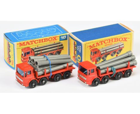 Matchbox Regular Wheels 10d Leyland Pipe Truck pair (1) red body, type A chrome base and grille, black plastic wheels, with 6