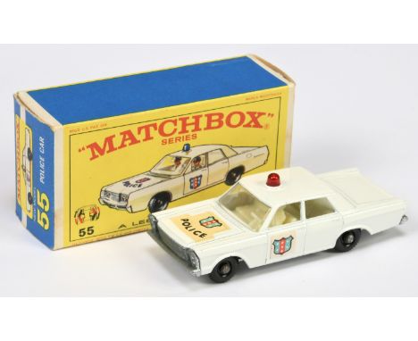 Matchbox Regular Wheels 55c Ford Galaxie Police Car - white body with hood decal & door labels, red roof light, clear windows