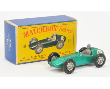 Matchbox Regular Wheels 19c Aston Martin DBR5 Racing Car - metallic green body with racing number 19 decals, grey plastic dri