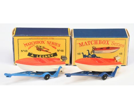 Matchbox Regular Wheels 2 x 48b Sports Boat &amp; Trailer - (1) - dark blue trailer with type A towing bracket, red boat with