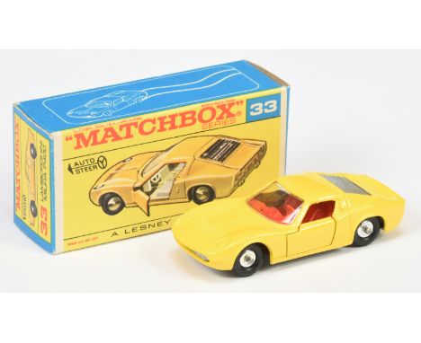 Matchbox Regular Wheels 33c Lamborghini Miura - yellow body, clear windows, red interior, Clear Engine Cover, bare metal base