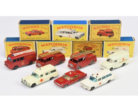 Matchbox Regular Wheels group of Emergency vehicles. (1) 3c Mercedes "Ambulance" (2) 9c MerryWeather Marquis Fire Engine (3) 