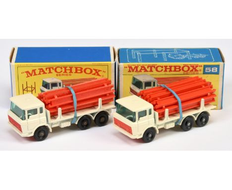 Matchbox Regular Wheels 2 x No.58c DAF Girder Truck (1) - pale cream body, green windows held by roof stud, dark red girder l