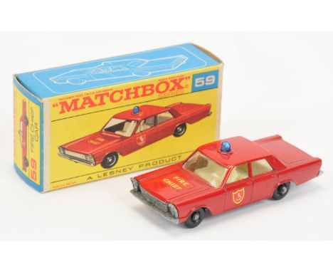 Matchbox Regular Wheels 59c Ford Galaxie Fire Chief Car - hood &amp; door labels, blue roof light, ivory interior, bare metal