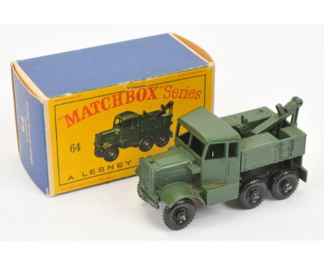 Matchbox Regular Wheels 64a Scammell Military Recovery Tractor - green metal double arm hook, 30-tread black plastic wheels w