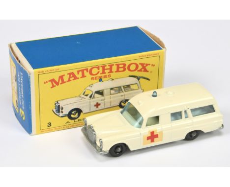 Matchbox Regular Wheels 3c Mercedes Benz Binz Ambulance - off-white body with Red Cross door decals, light blue windows, ivor