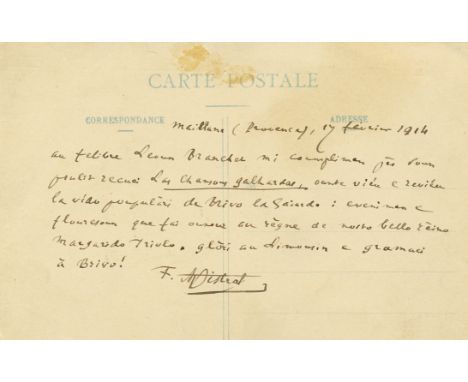 MISTRAL FREDERIC: (1830-1914) French Writer. Nobel Prize winner for Literature, 1904. A.L.S., F. Mistral, to the verso of a p