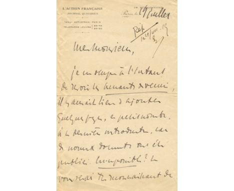 MAURRAS CHARLES: (1868-1952) French Author & Poet. Politician and main figure of Action Française, the monarchist and counter