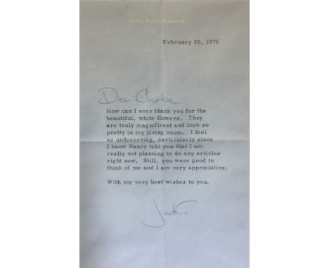 KENNEDY JACQUELINE: (1929-1994) Wife of American President John F. Kennedy, First Lady 1961-63. T.L.S., Jackie, one page, 8vo