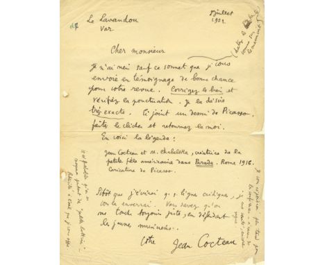 COCTEAU JEAN: (1889-1963) French Writer, Playwright and Filmmaker. A.L.S., Jean Cocteau, twice, one page, 4to, Le Lavandou, V
