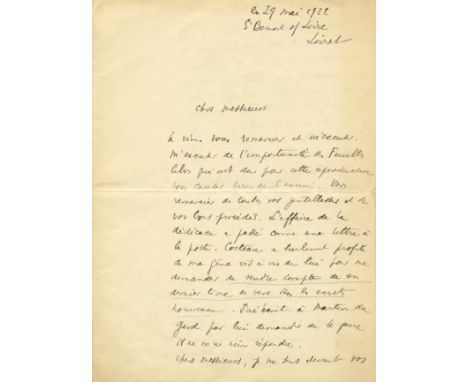 JACOB MAX: (1876-1944) French Poet and Painter. A good A.L.S., Max Jacob, two pages, written to the first and third page, Sai