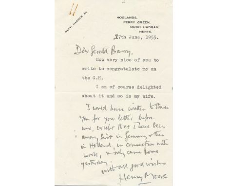 MOORE HENRY: (1898-1986) English Sculptor and Artist. A.N.S., `Henry Moore´, one page, 8vo, Herts, 27th June 1955, on his per