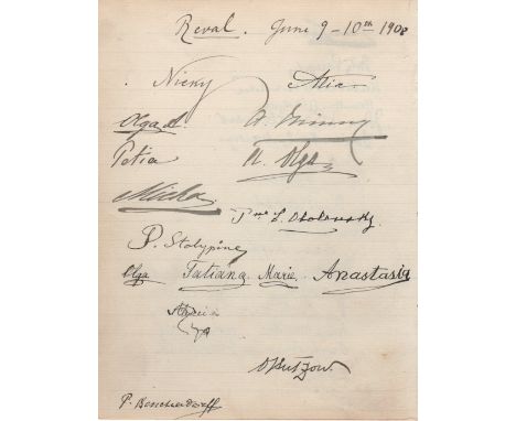 RUSSIAN IMPERIAL ROMANOV FAMILY: An exceptionally rare multiple signed 8vo feint ruled page by Romanov family members, sixtee