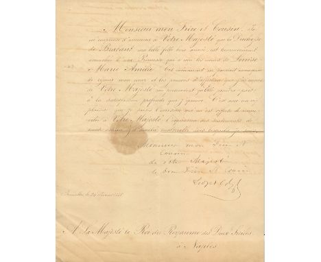 LEOPOLD I: (1790-1865) First King of the Belgians 1831-65. Former German Prince. L.S., Leopold I, one page, 4to, Brussels, 24