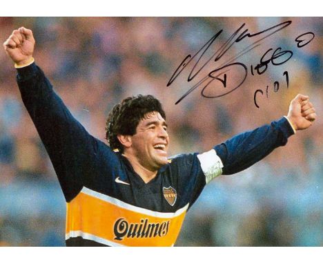 MARADONA DIEGO: (1960- ) Argentinean Footballer. Signed colour 7 x 5 photograph of Maradona, the image depicting the football