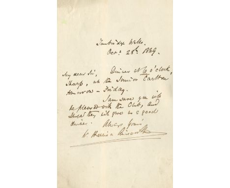 AINSWORTH WILLIAM HARRISON: (1805-1882) English Novelist. A,L.S., W. Harrison Ainsworth, one page, 8vo, Sunbridge Well, 28th 