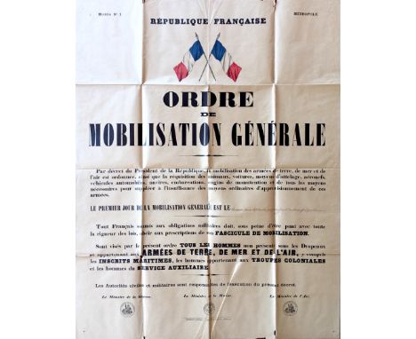 [GENERAL MOBILIZATION ORDER]: An excellent original printed public notice issued for the French Mobilization Order given on 2