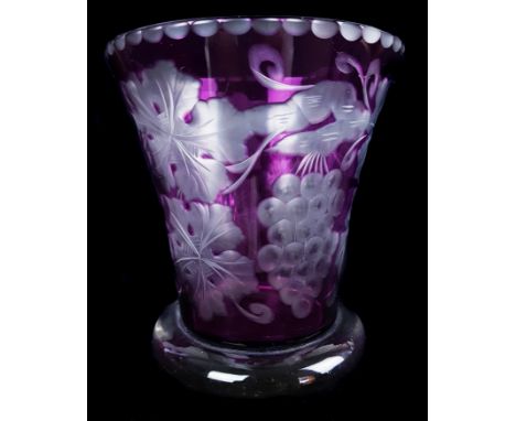 A Stevens and Williams amethyst glass bucket form vase, cut through to clear with fruiting vines, 13.5cm high