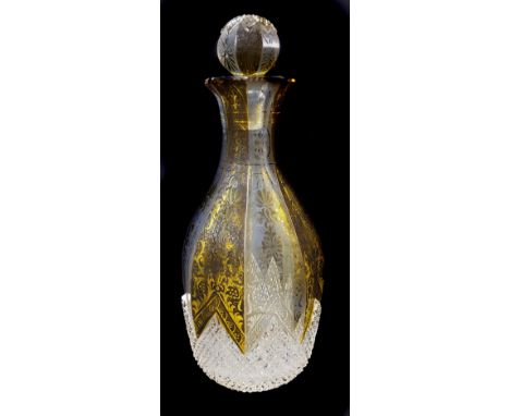 A Bohemian enamelled cut octagonal glass decanter and stopper, probably by Friedrich Egermann, c1835, of panelled mallet form