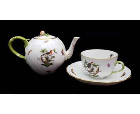 A Herend teapot and cover, in Rothschild bird pattern; and a conforming tea cup and saucer (3)