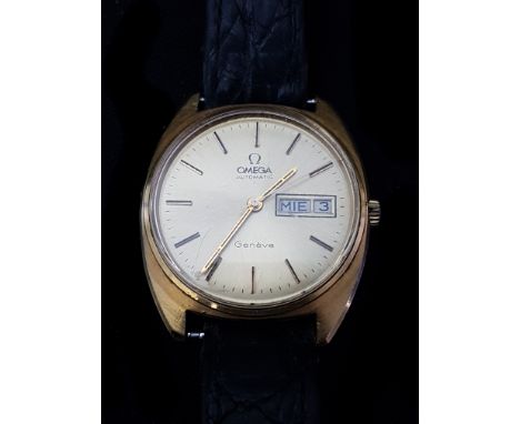 An 18ct gold Omega Geneve Automatic wristwatch, c1970's, gilt dial with gilt hour batons, with French date aperture at three 