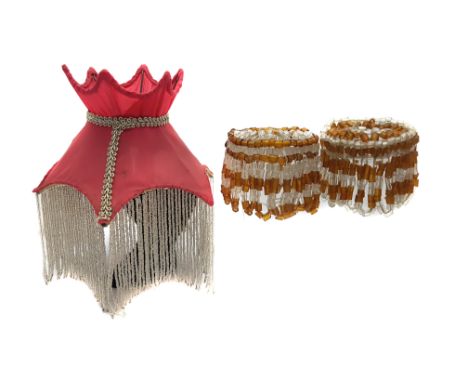 Night light/Fairy light Accessories - A pink silk and beaded glass fringed night light shade, probably Prices; and two bugle 
